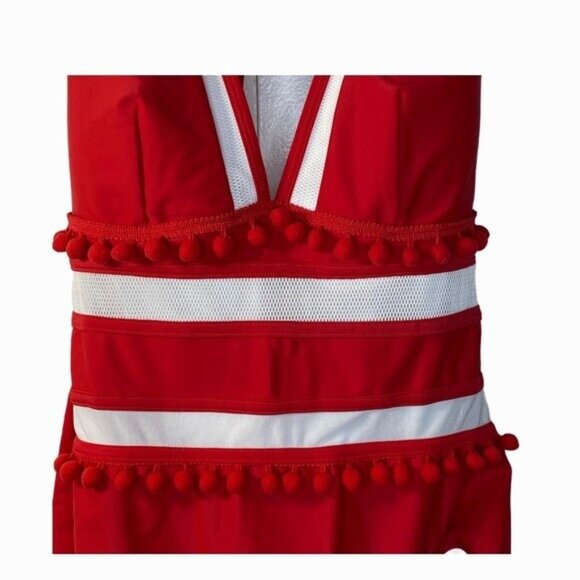 NWT COCOSHIP Plunging Neck One Piece Swimsuit Pom Pom Tassel 16 Red White - Picture 5 of 12
